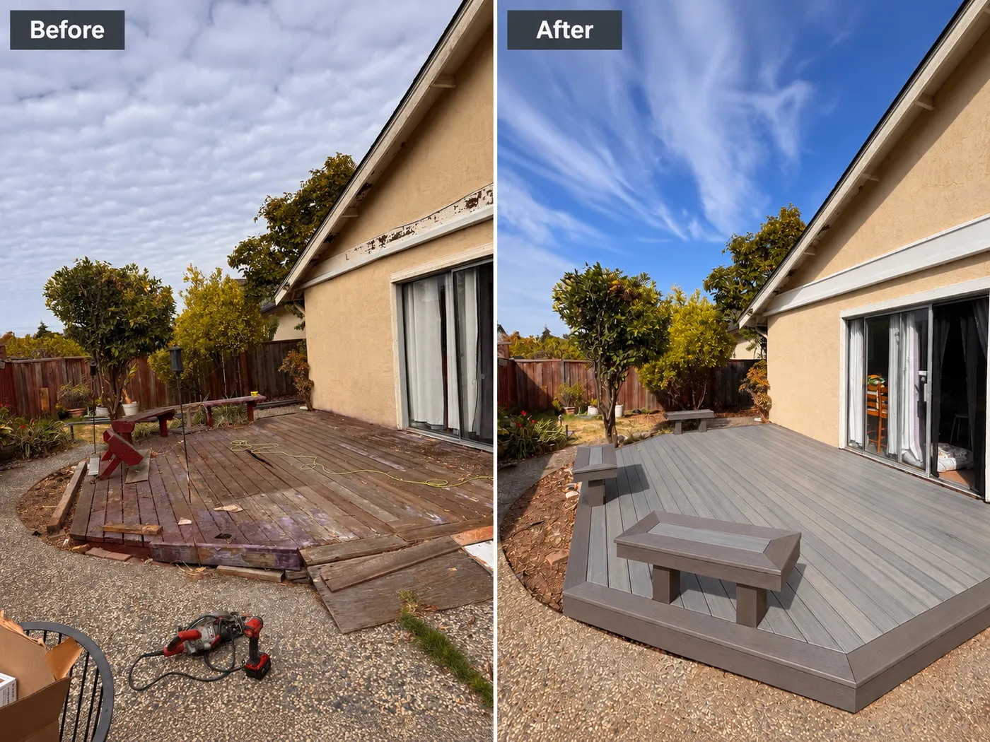 Before and after of a Fremont deck remodel: a worn wood deck replaced by a new low-maintenance deck with built-in benches