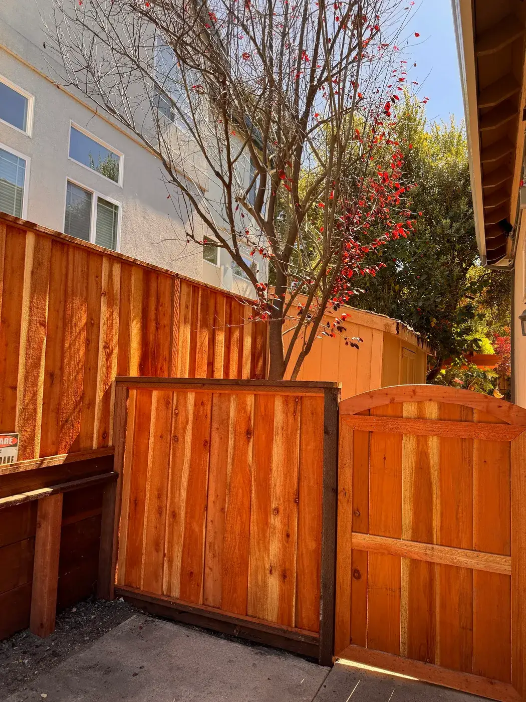 New gate and fence panels meeting at the side of the house