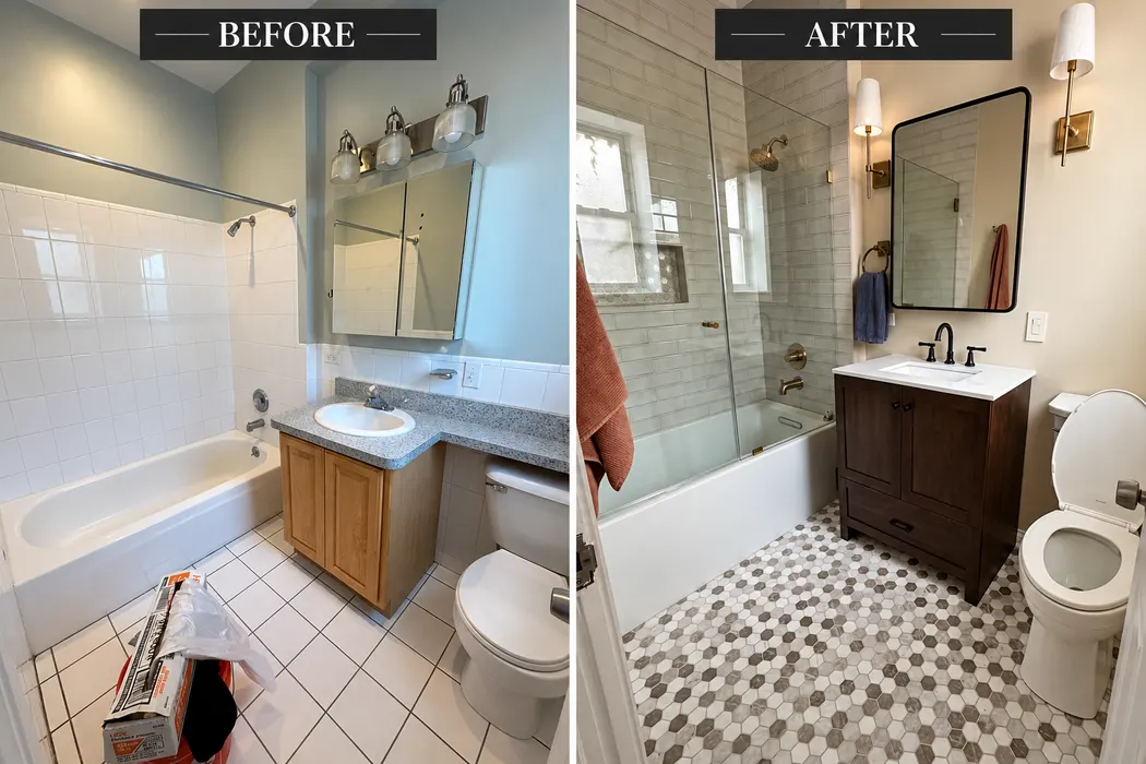 Before and after of the San Mateo bathroom remodel