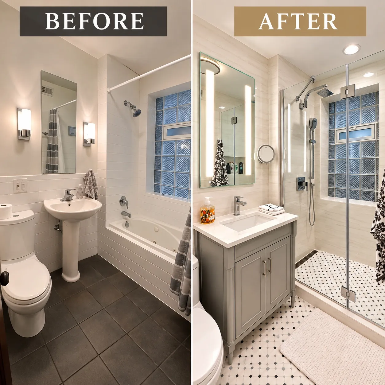 Before and after of the bathroom, from a tub and pedestal sink to a walk-in shower and vanity
