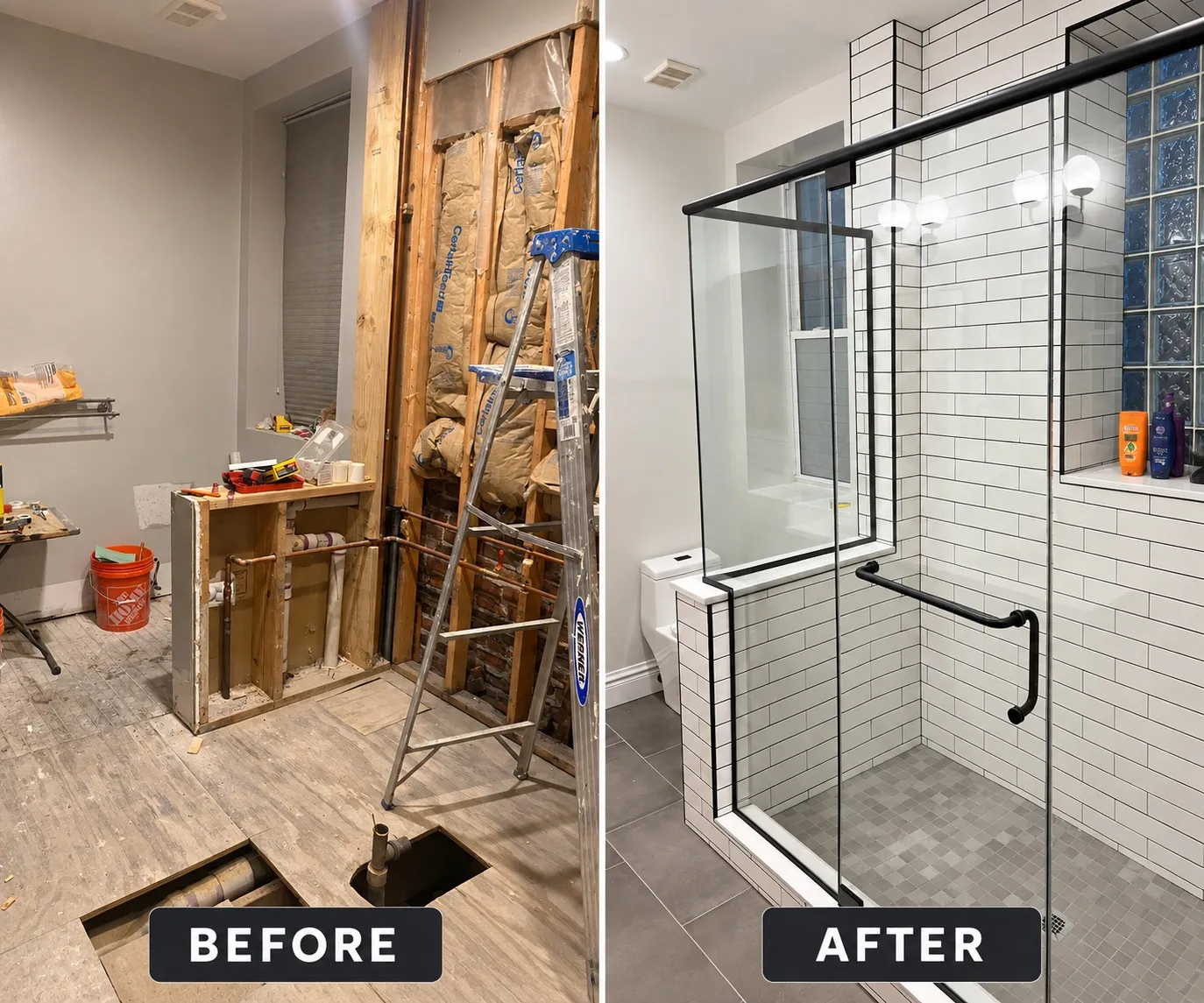 Before and after of the bathroom, from open framing to the finished shower