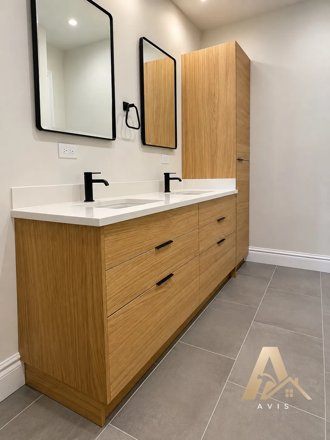 Custom wood double-sink vanity with a white countertop and black faucets