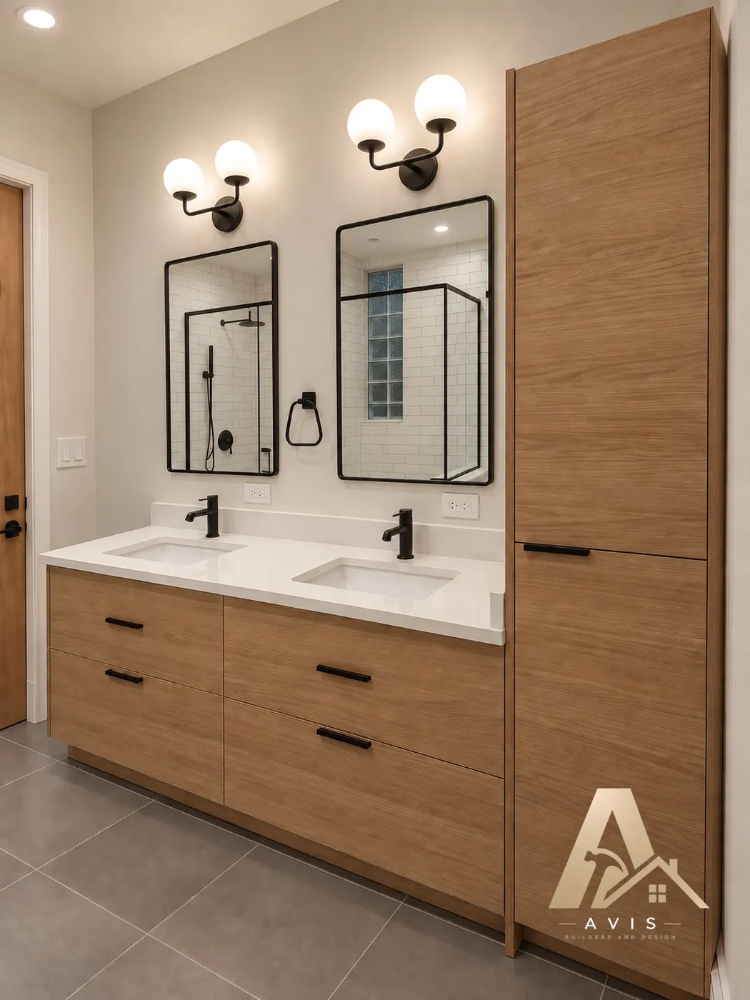 Warm wood double vanity with a tall storage cabinet, black mirrors, and globe sconces
