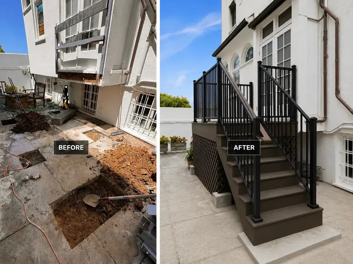 Before and after composite: the same patio with the ground opened up and spoil heaped beside the trench, beside the finished composite stair flight