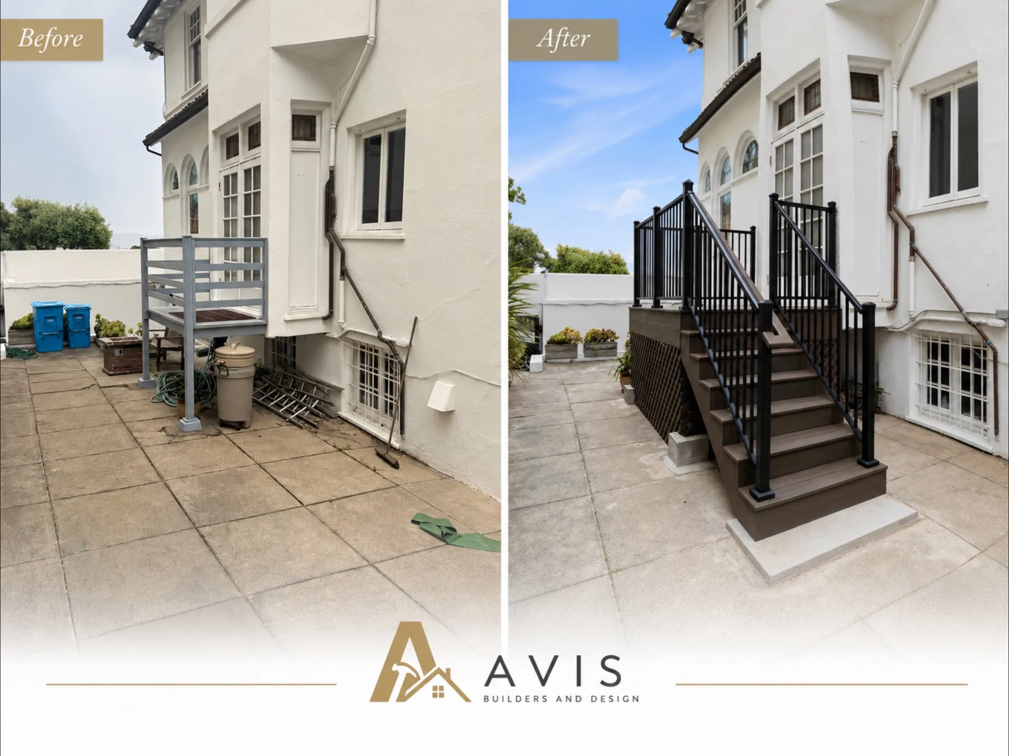 Before and after composite: a paved patio with an old gray metal stair platform beside the finished composite stair and black railing